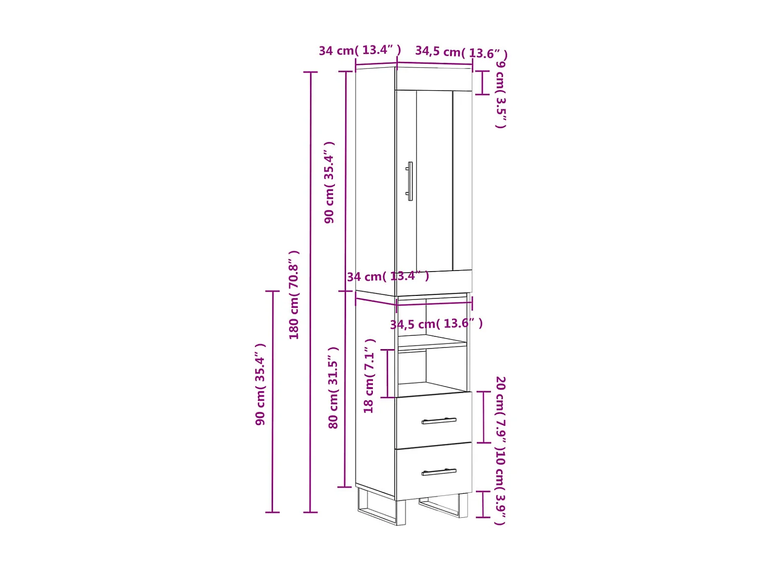 Armário alto 34,5x34x180 cm madeira processada branco