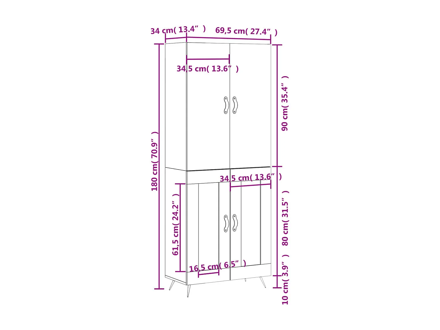Buffet haut Gris béton 69,5x34x180 cm Bois d'ingénierie