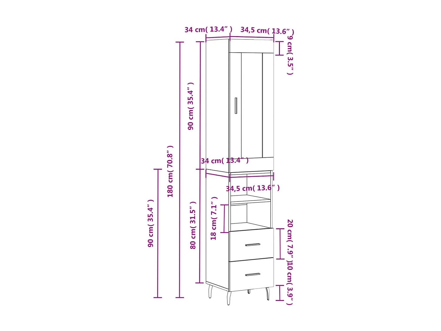 Buffet haut Chêne fumé 34,5x34x180 cm Bois d'ingénierie