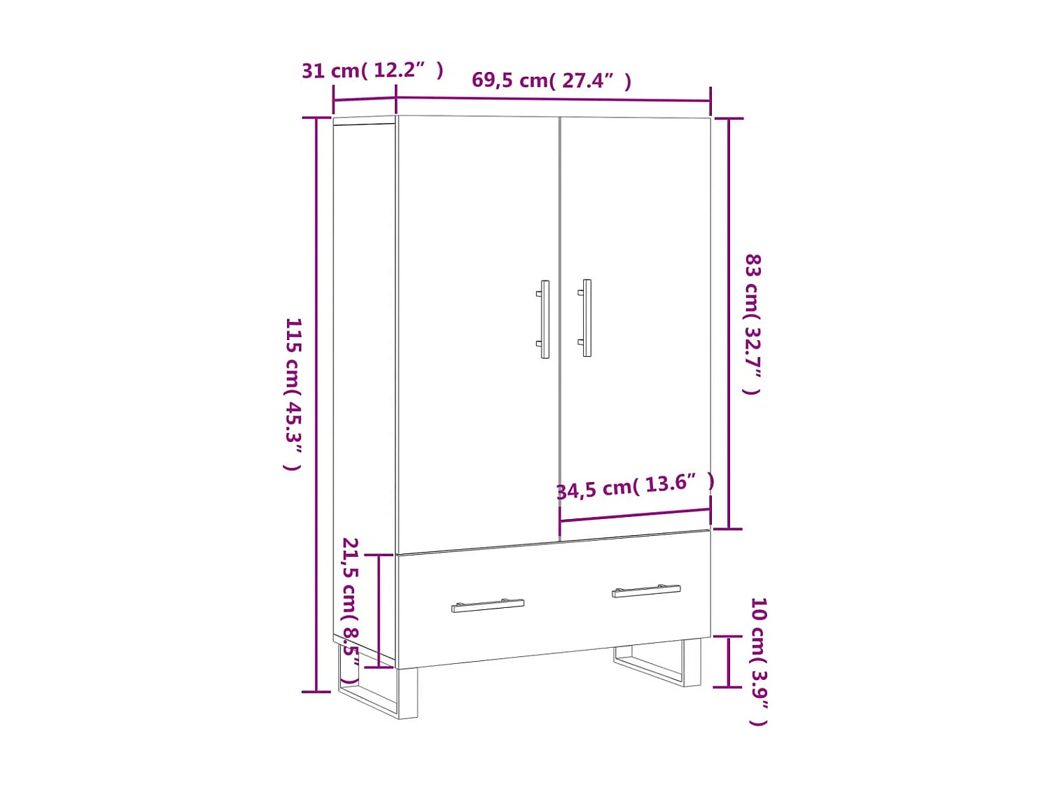 Hoge kast 69,5x31x115 cm bewerkt hout betongrijs