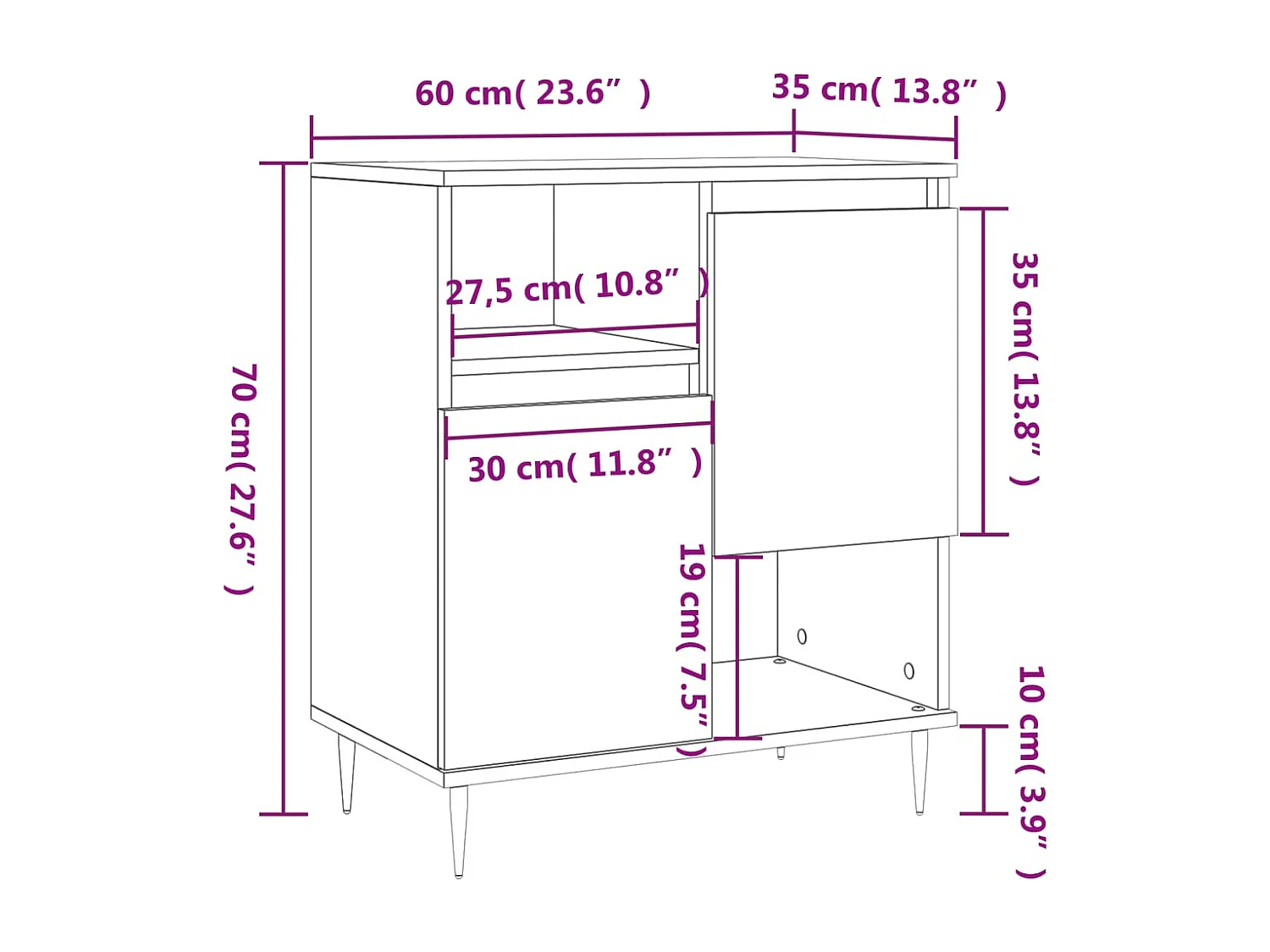 Credenza Bianco Lucido 60x35x70 cm in Legno Multistrato
