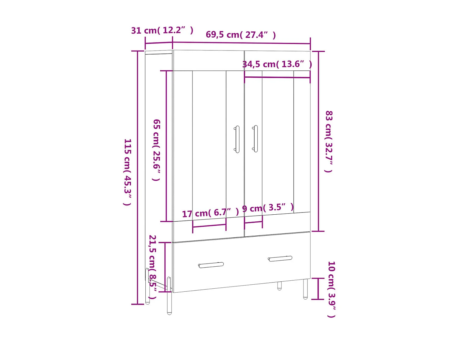 Buffet haut noir 69,5x31x115 cm bois d'ingénierie