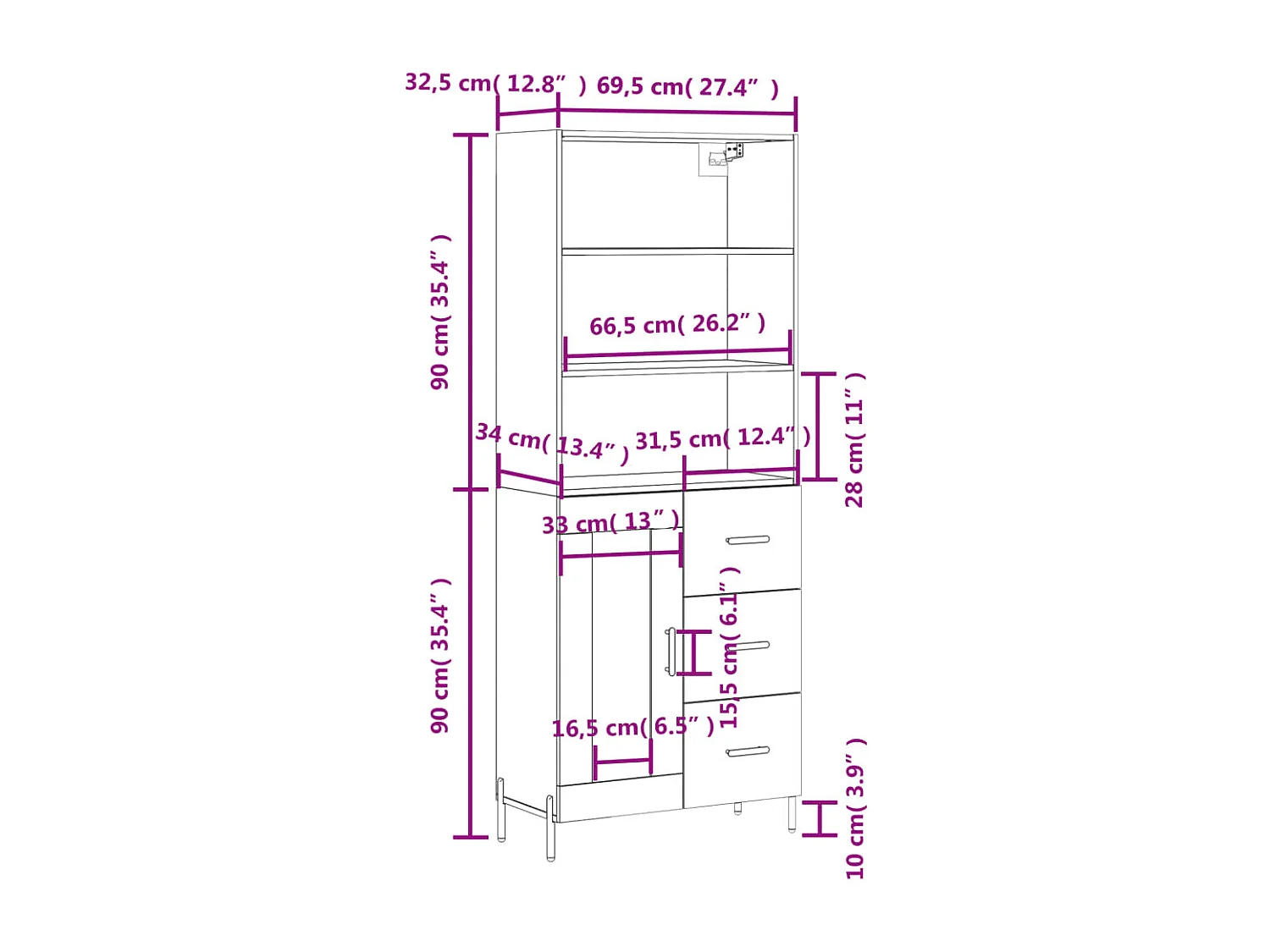 Buffet haut Noir 69,5x34x180 cm Bois d'ingénierie