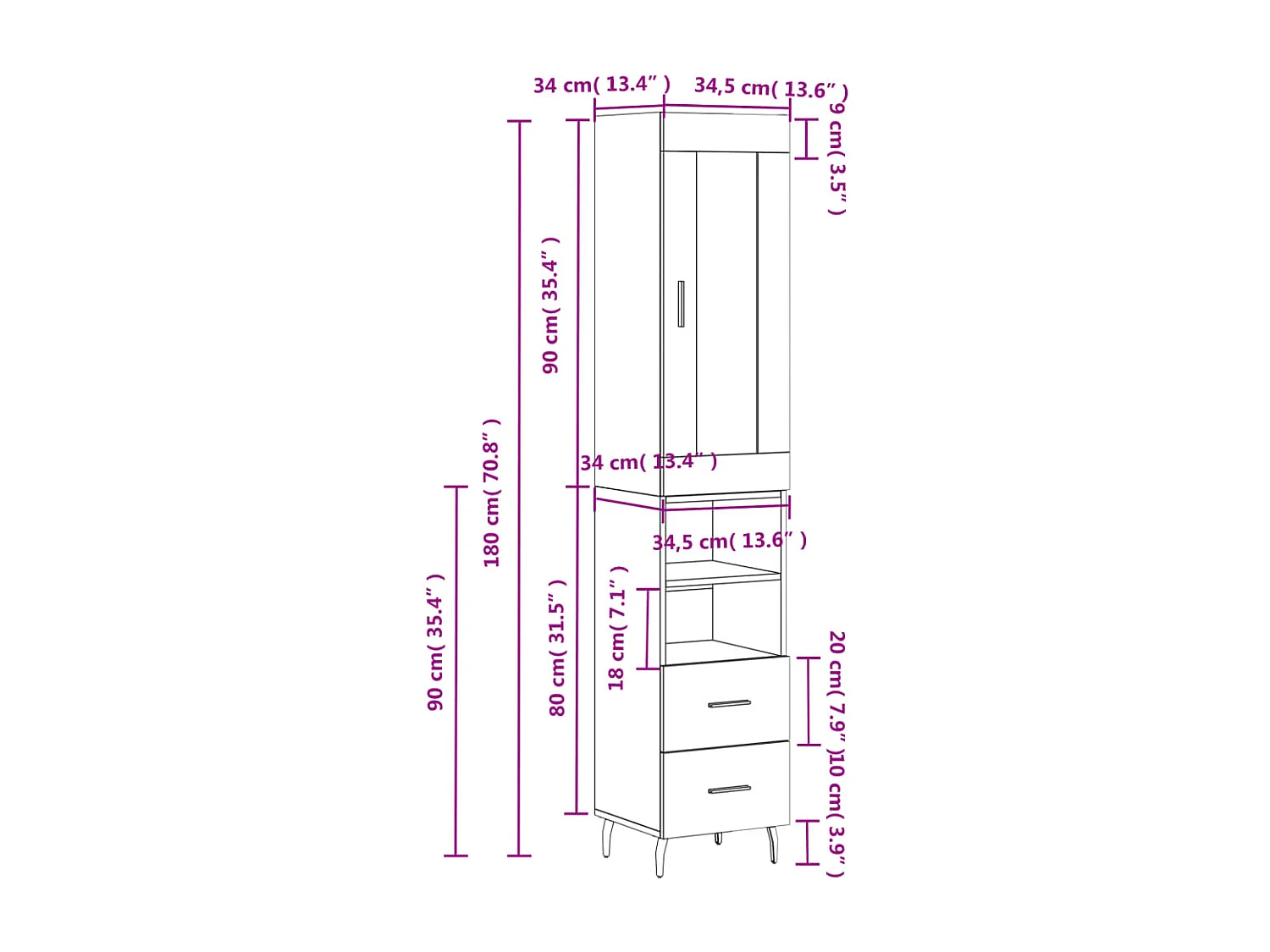 Armário alto 34,5x34x180 cm madeira processada carvalho sonoma