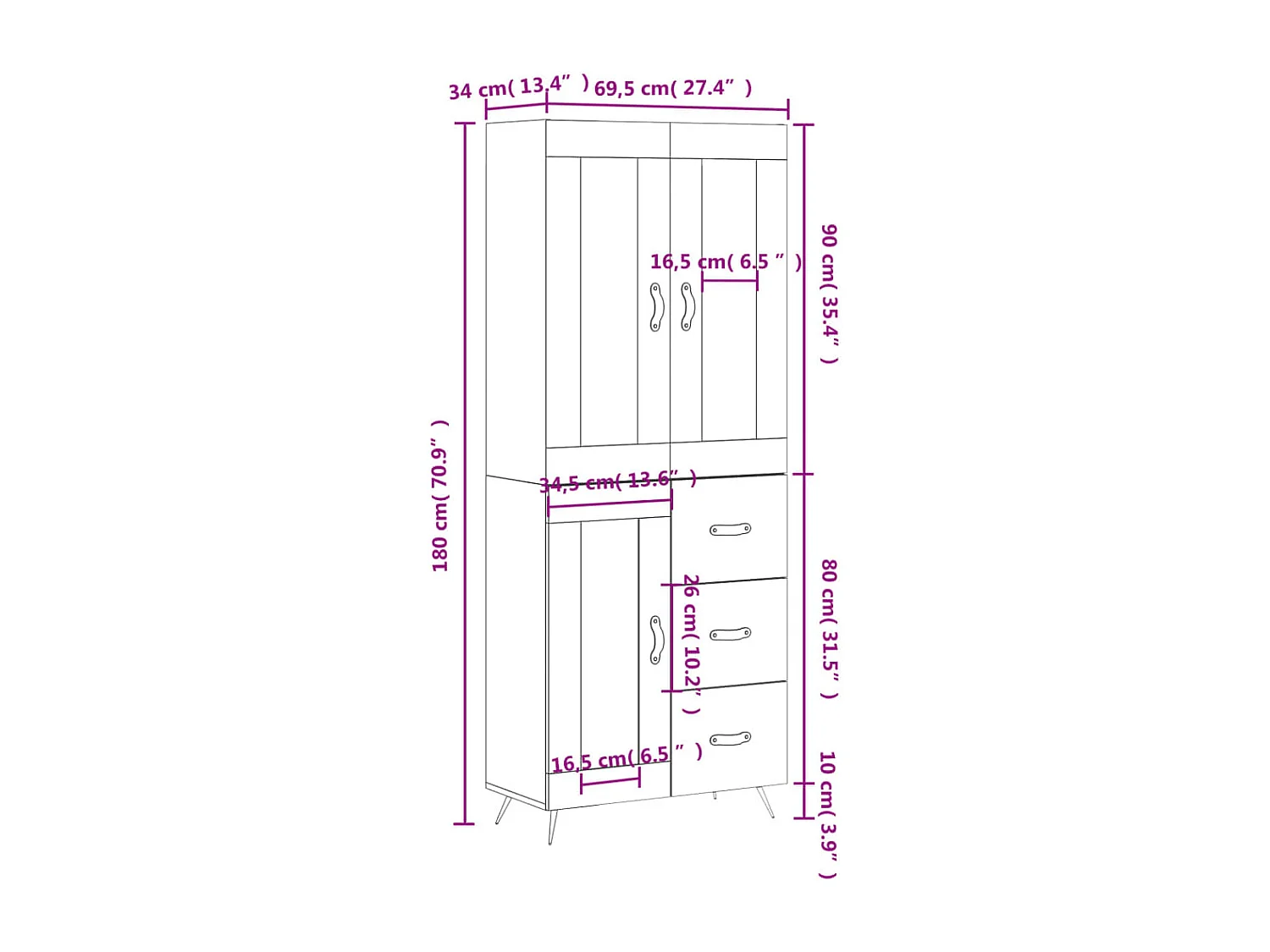Credenza Rovere Fumo  69,5x34x180 cm in Legno Multistrato