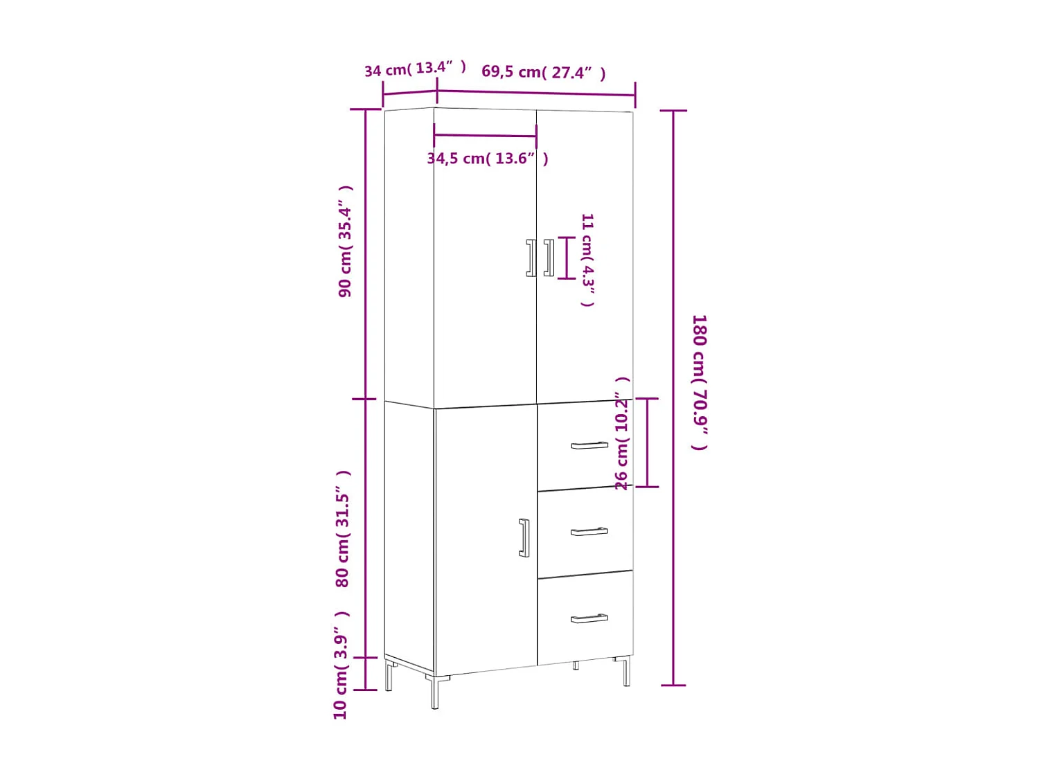 Hoge kast 69,5x34x180 cm bewerkt hout betongrijs
