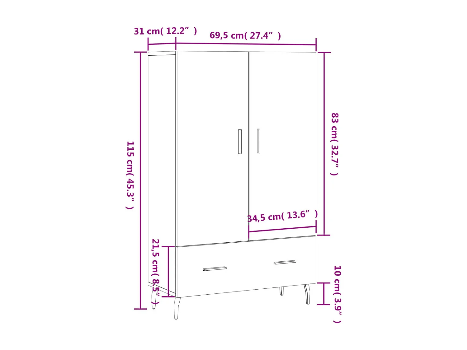 Hoge kast 69,5x31x115 cm bewerkt hout betongrijs