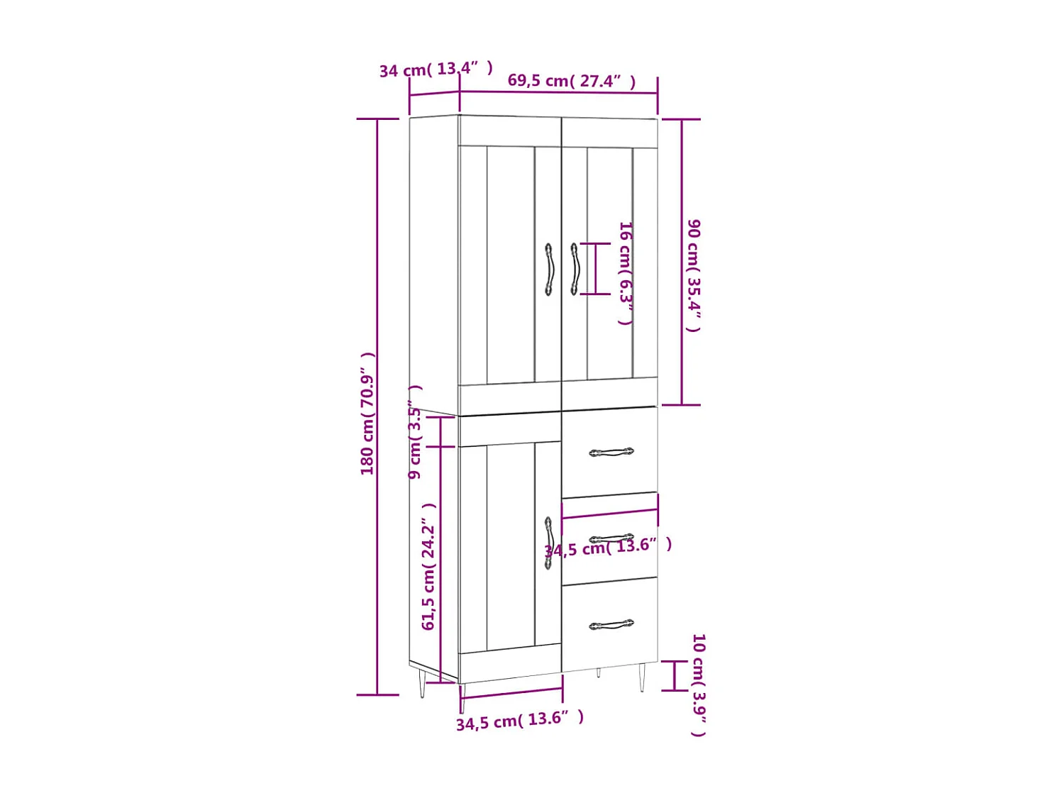 Armário alto 69,5x34x180 cm derivados de madeira cor sonoma