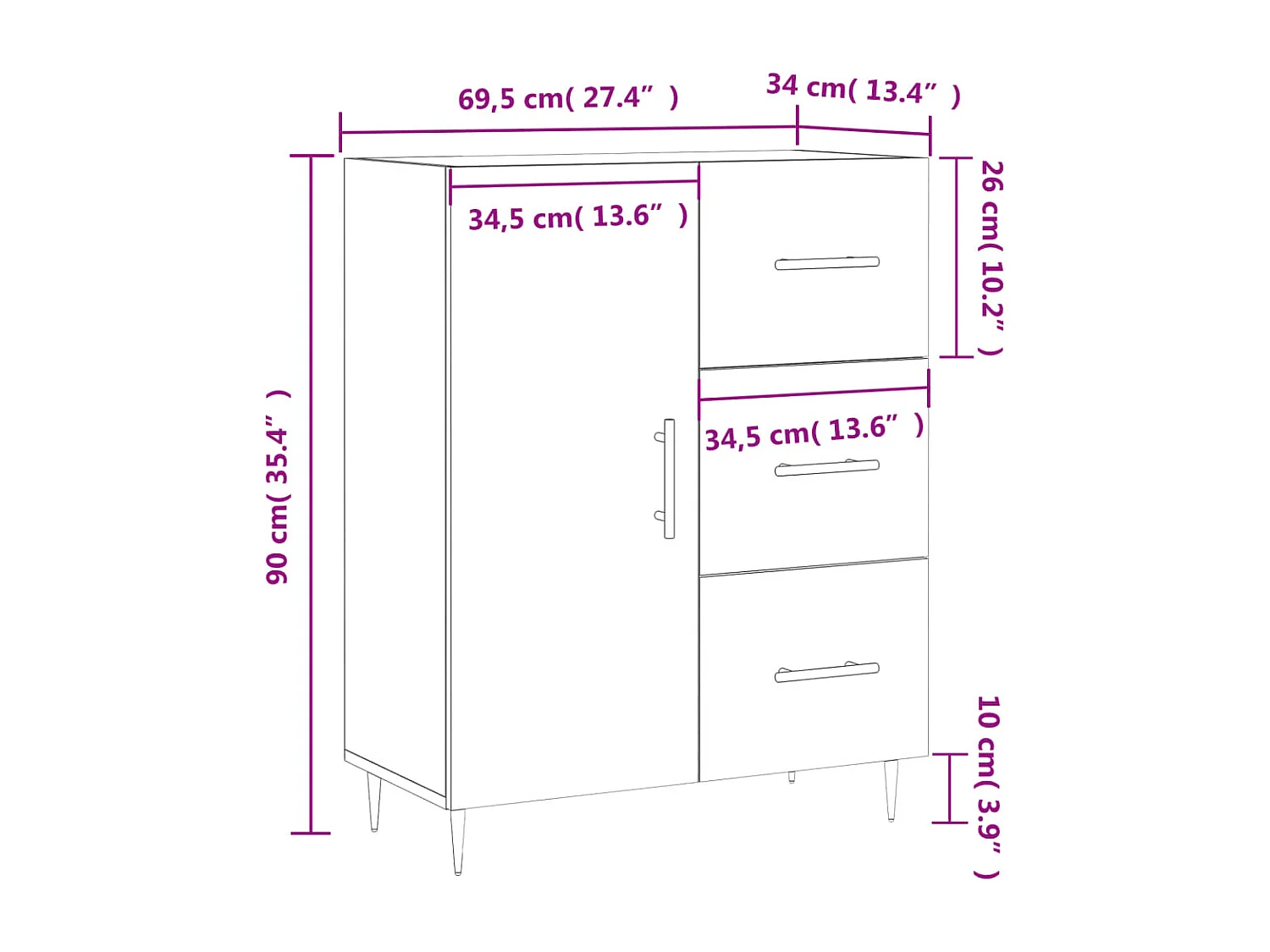 Credenza Bianca 69,5x34x90 cm in Legno Multistrato