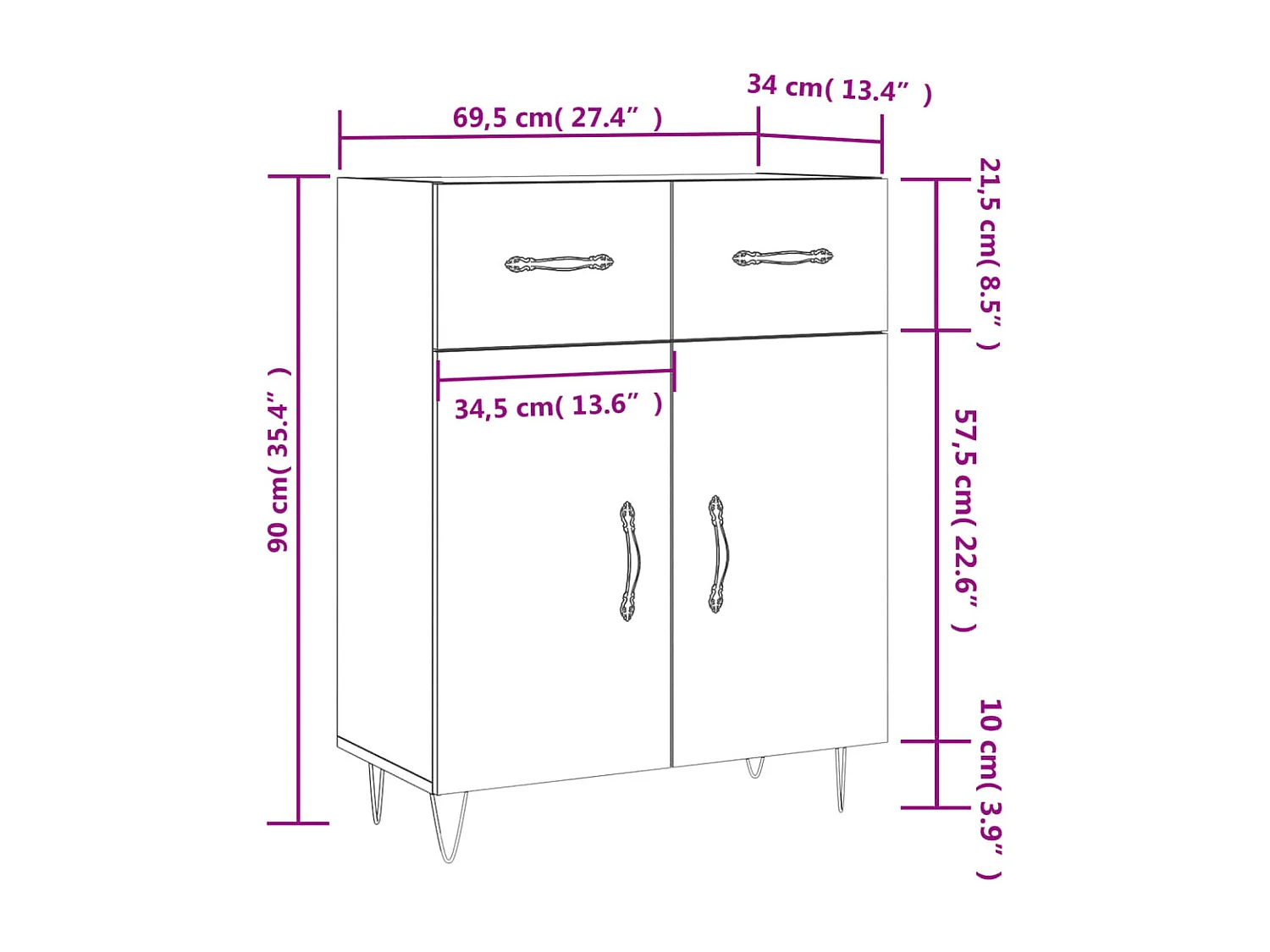 Dressoir 69,5x34x90 cm bewerkt hout gerookt eikenkleurig