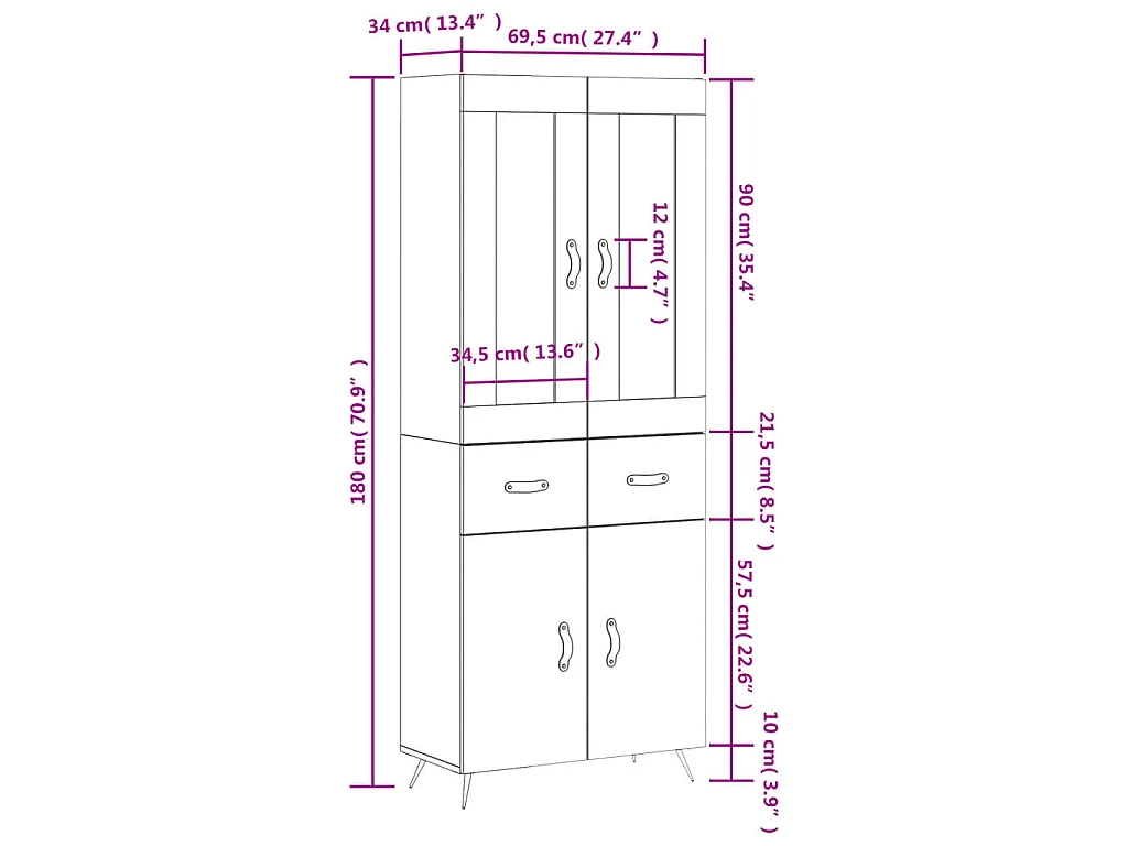Highboard Weiß 69,5x34x180 cm Holzwerkstoff