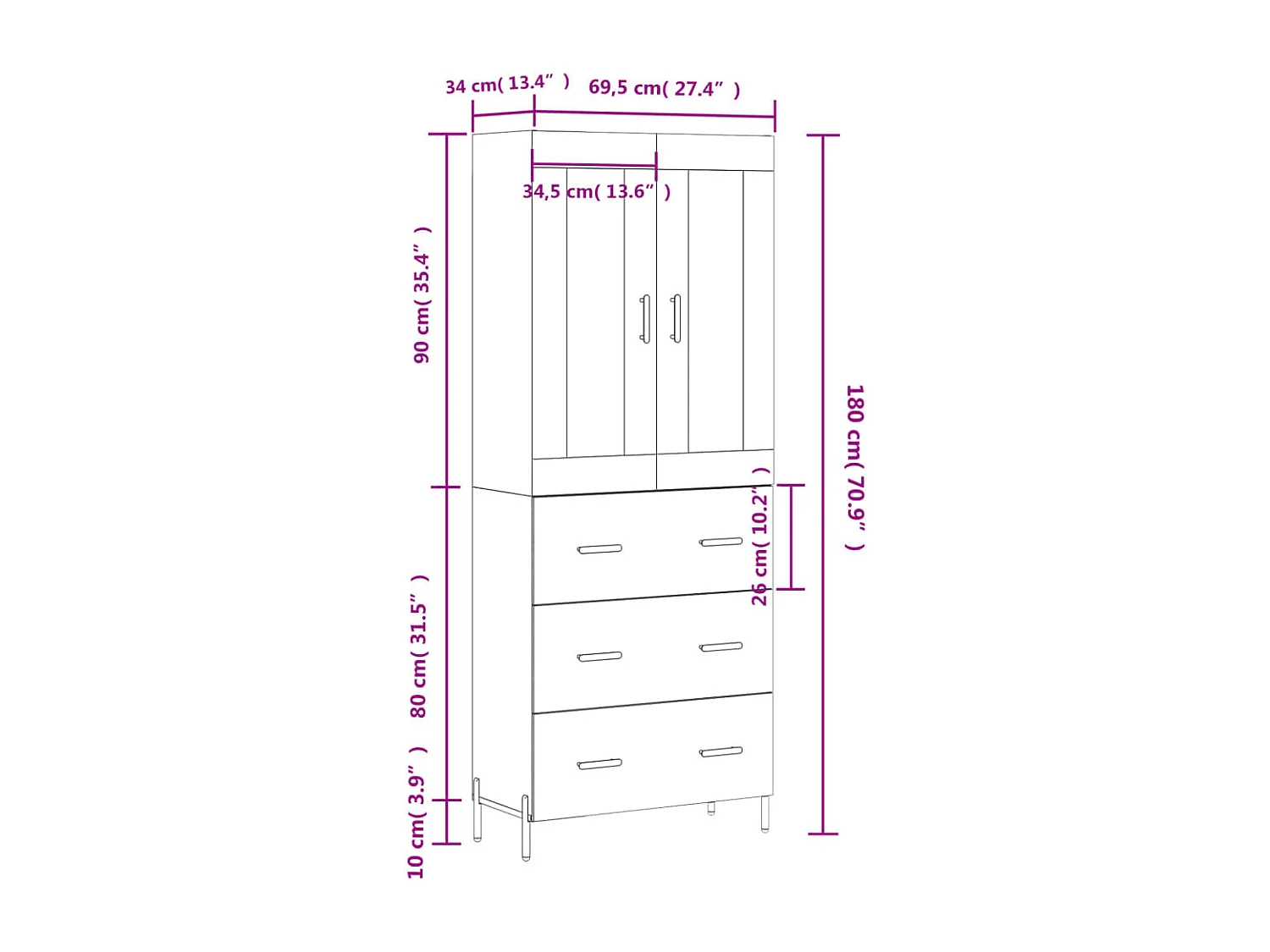 Buffet haut Blanc 69,5x34x180 cm Bois d'ingénierie