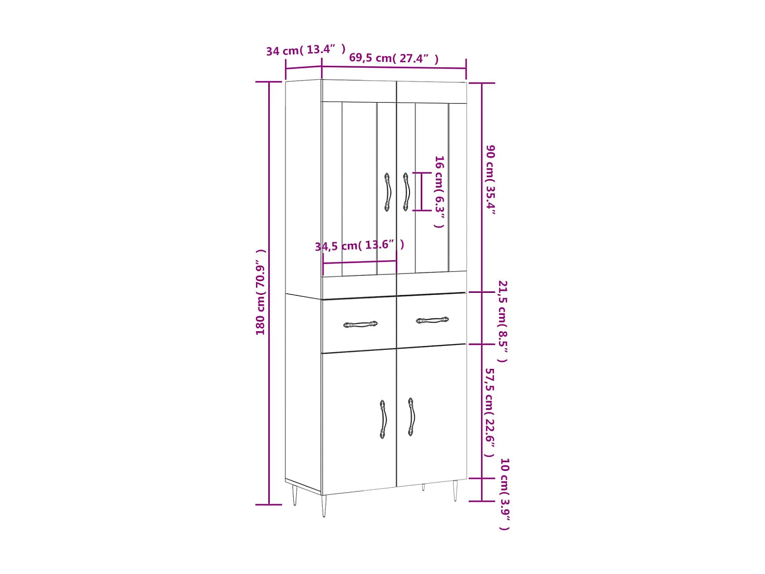 Buffet haut Sonoma gris 69,5x34x180 cm Bois d'ingénierie