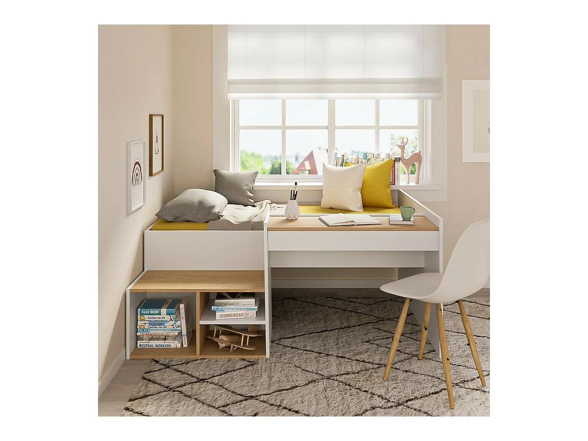 Lit combiné avec bureau 90x190 cm panneaux de fibres blanc et bois BORUTO