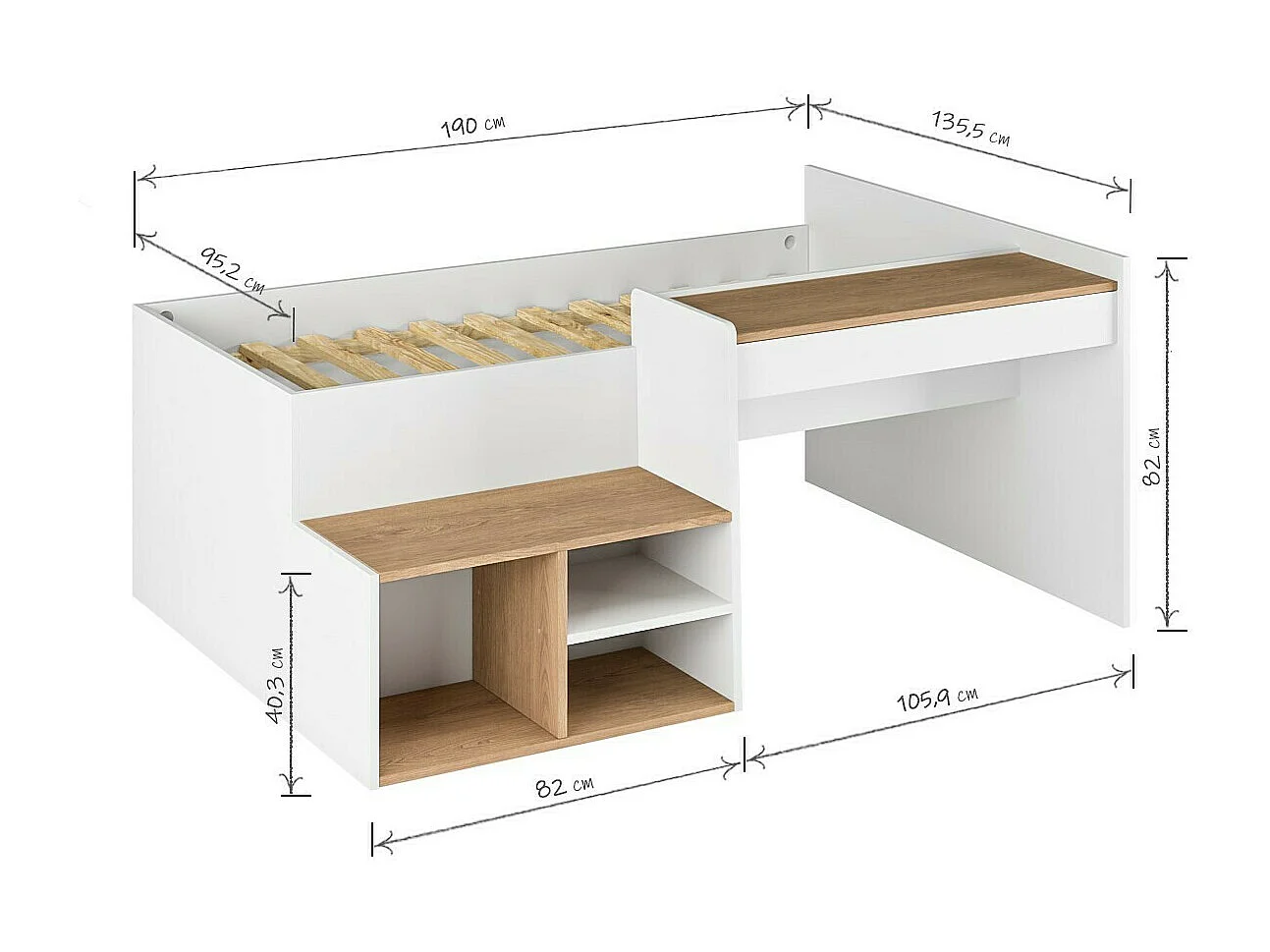 Lit combiné avec bureau 90x190 cm panneaux de fibres blanc et bois BORUTO