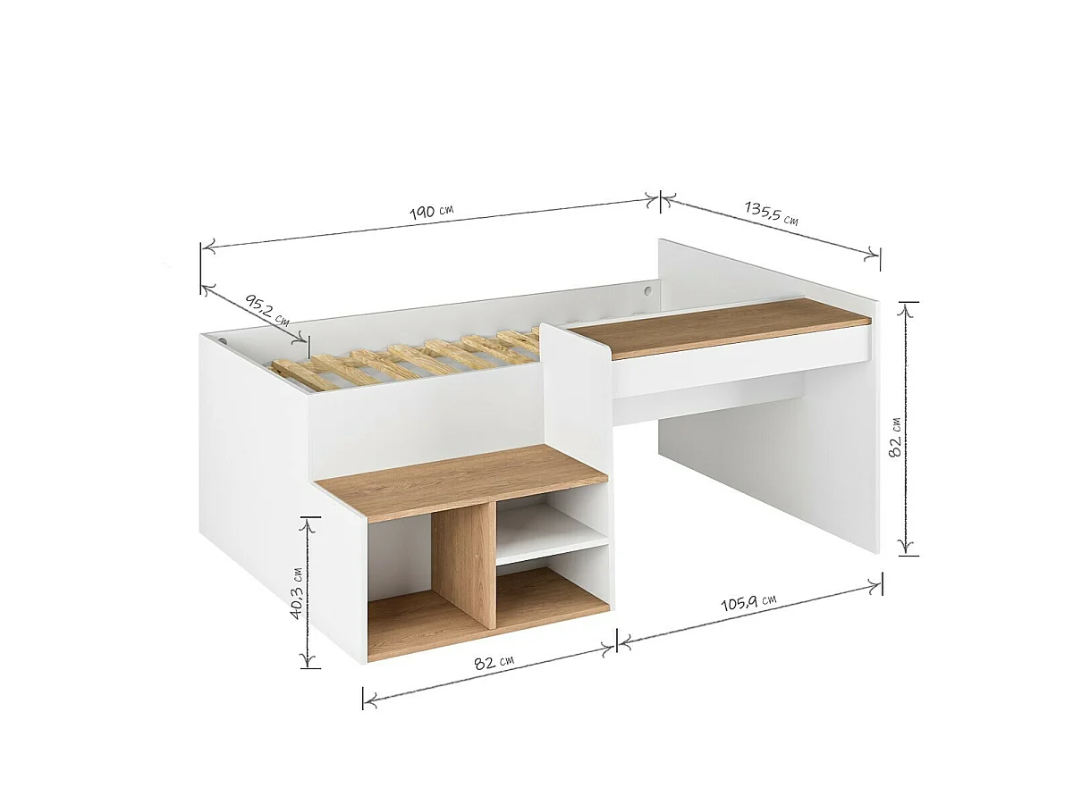 Lit combiné avec bureau 90x190 cm panneaux de fibres blanc et bois BORUTO