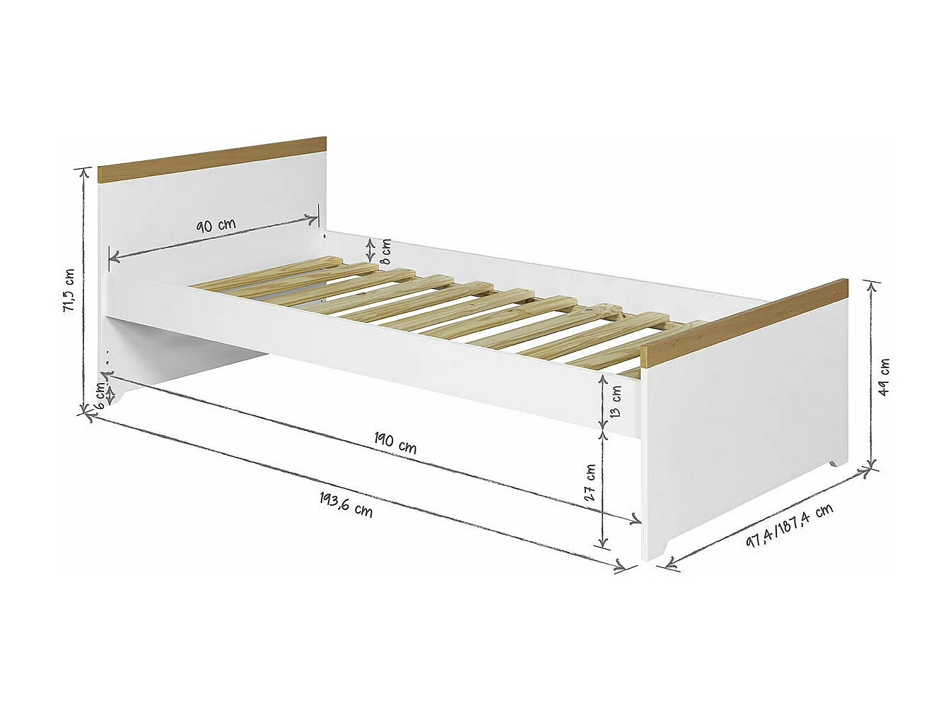 Lit enfant avec sommier gigogne 90x190 cm panneaux de fibres blanc NAIS