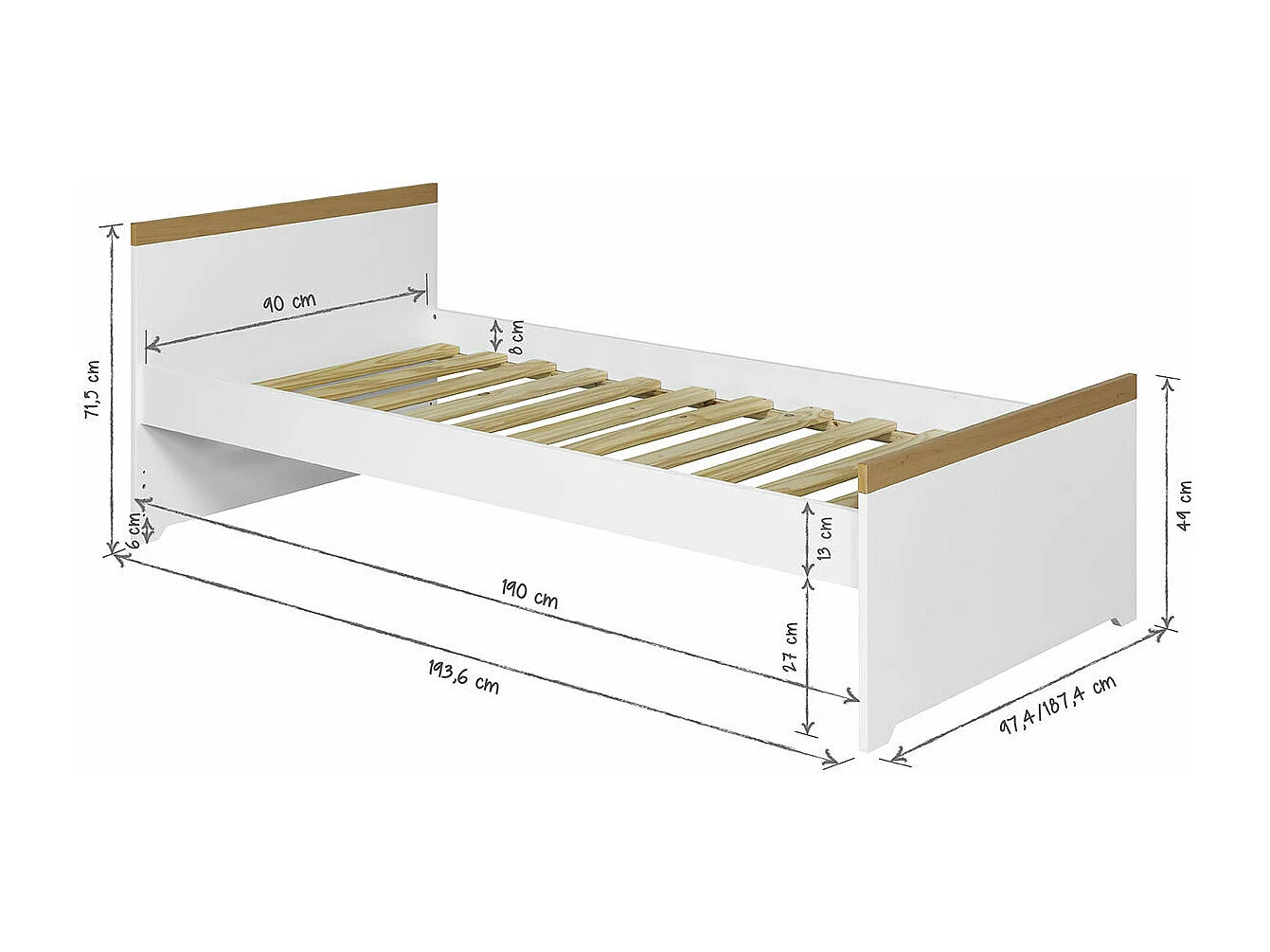 Lit enfant avec sommier gigogne 90x190 cm panneaux de fibres blanc NAIS
