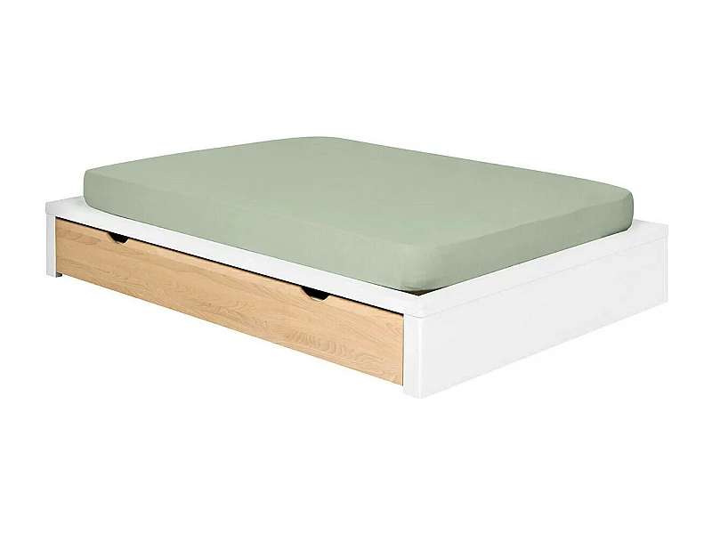 Pack lit avec tiroir 160x200 cm bois massif blanc et hêtre GASTON