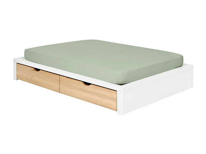 Pack lit avec 2 tiroirs 160x200 cm bois massif blanc et hêtre GASTON