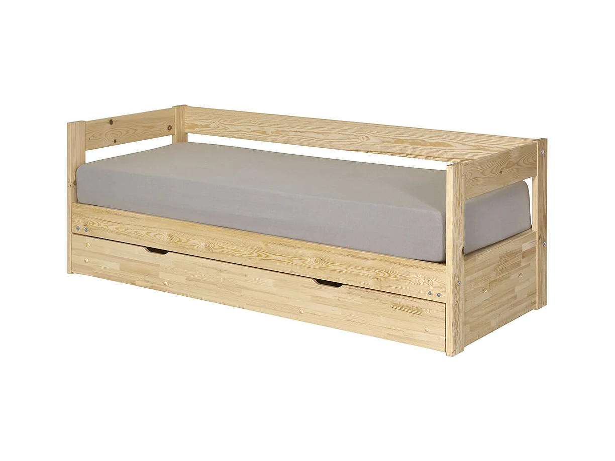 Pack lit banquette gigogne avec tiroir et matelas 80x200 cm bois massif bois RAVI