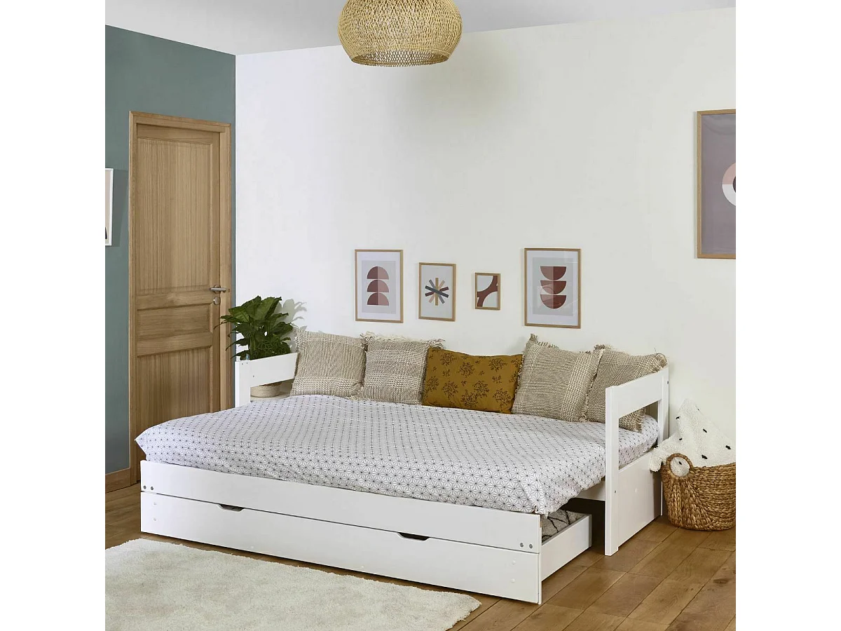 lit banquette gigogne avec tiroir 80x200 cm bois massif blanc RAVI