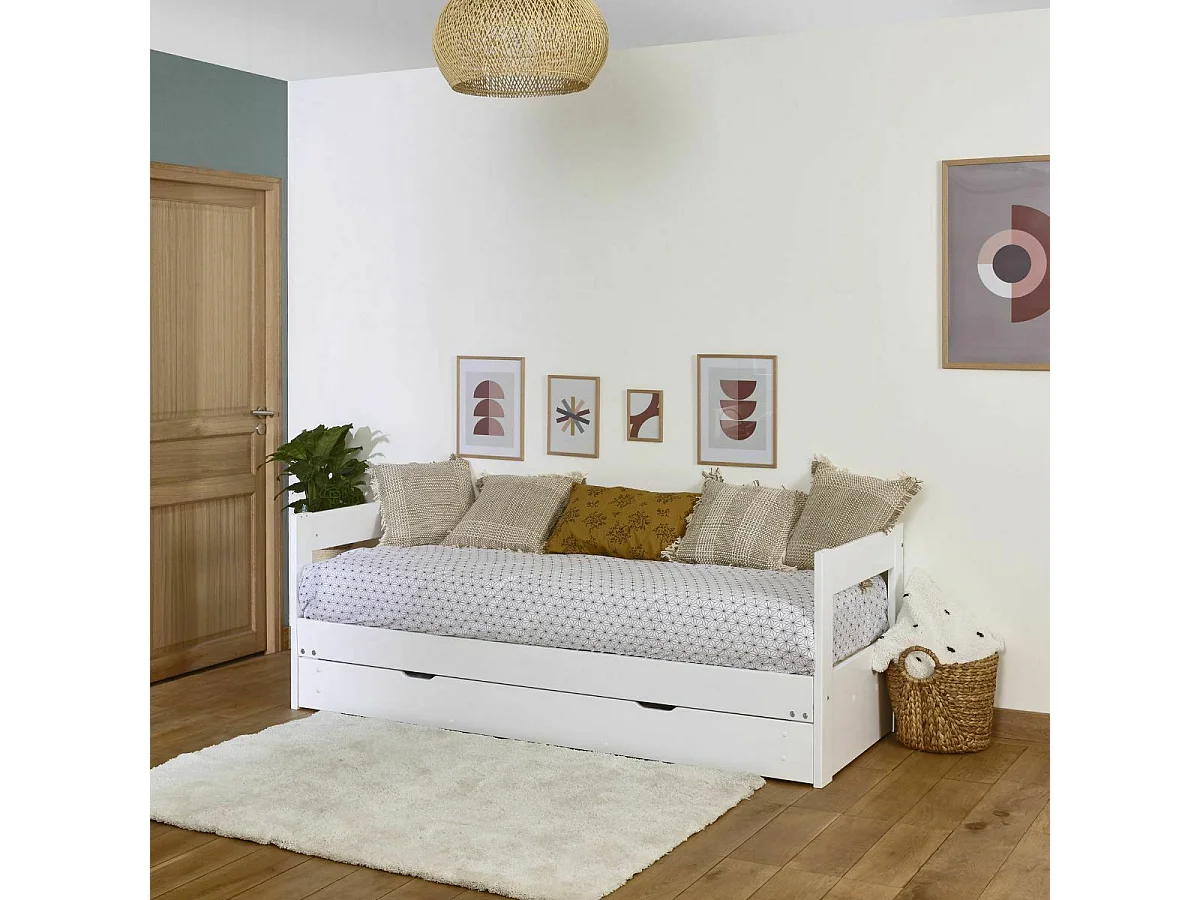 lit banquette gigogne avec tiroir 80x200 cm bois massif blanc RAVI