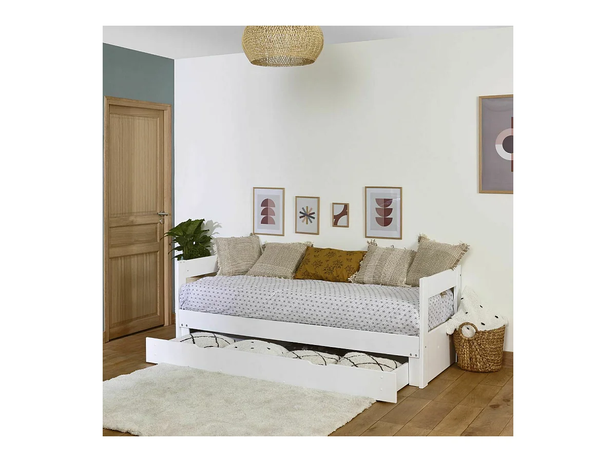 lit banquette gigogne avec tiroir 80x200 cm bois massif blanc RAVI