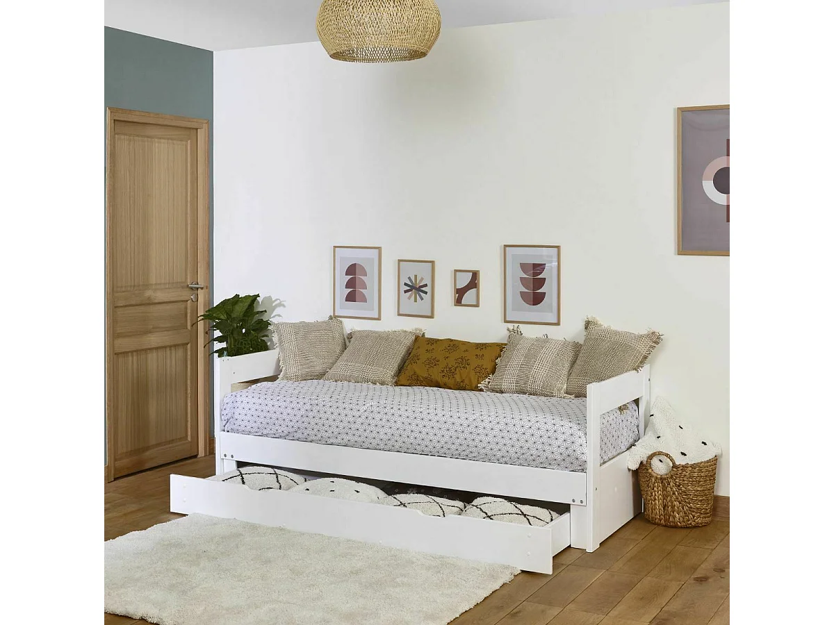 Pack lit banquette gigogne avec tiroir et matelas 80x200 cm bois massif blanc RAVI