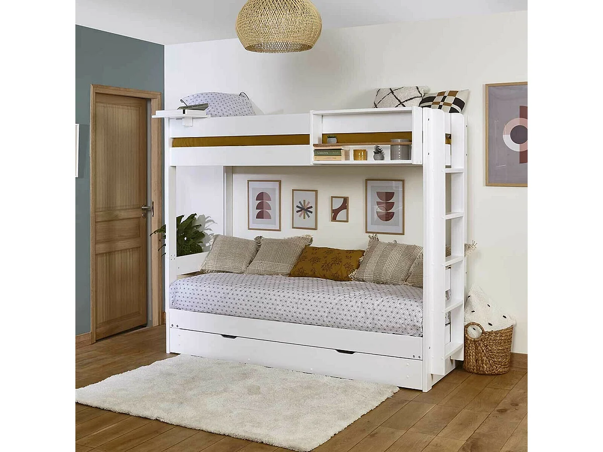 Pack lit superposé gigogne avec tiroir 80x200 cm bois massif blanc RAVI
