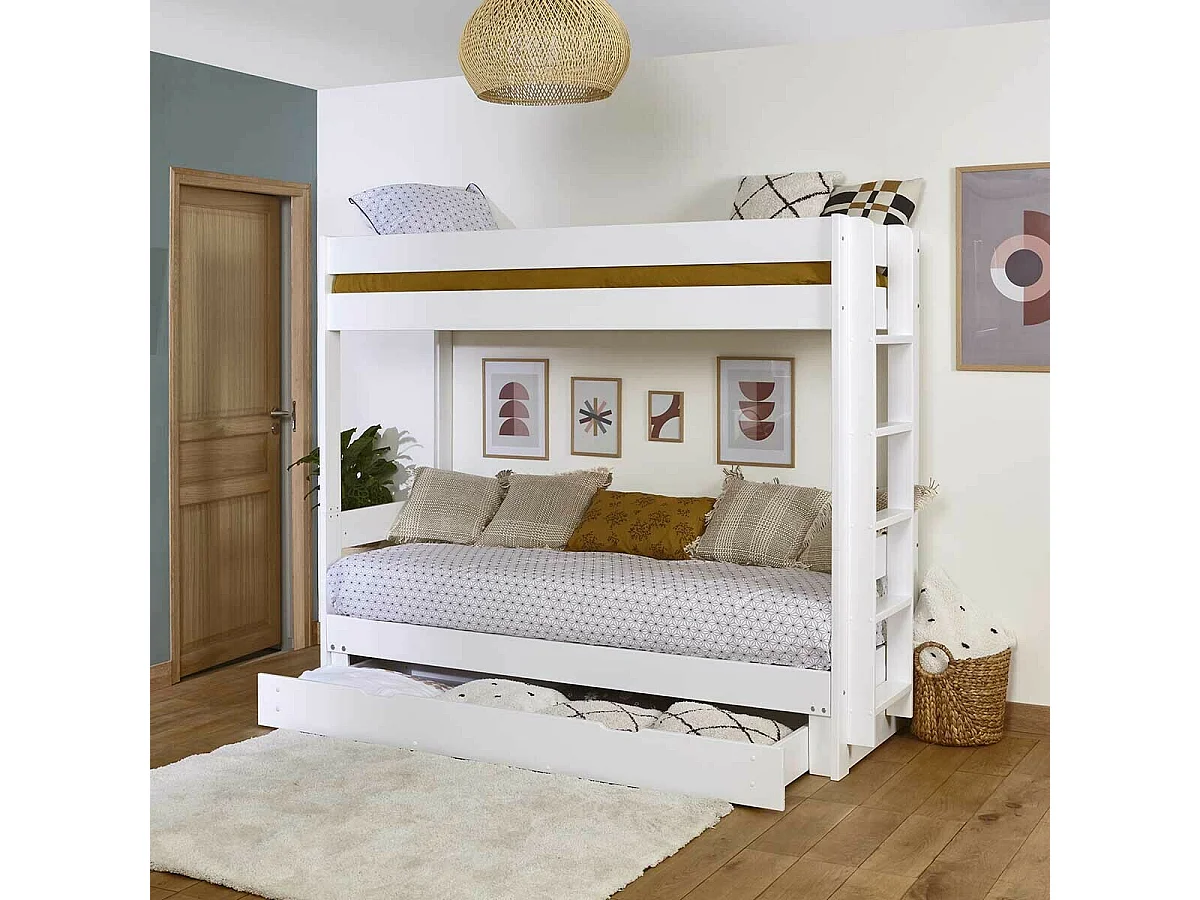 Pack lit superposé gigogne avec tiroir 80x200 cm bois massif blanc RAVI