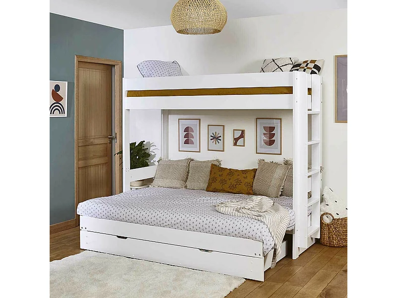 Pack lit superposé gigogne avec tiroir 80x200 cm bois massif blanc RAVI