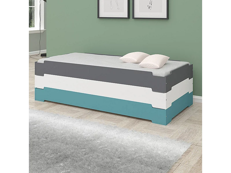 Pack lit empilable avec matelas 90x190 cm bois massif gris STACK