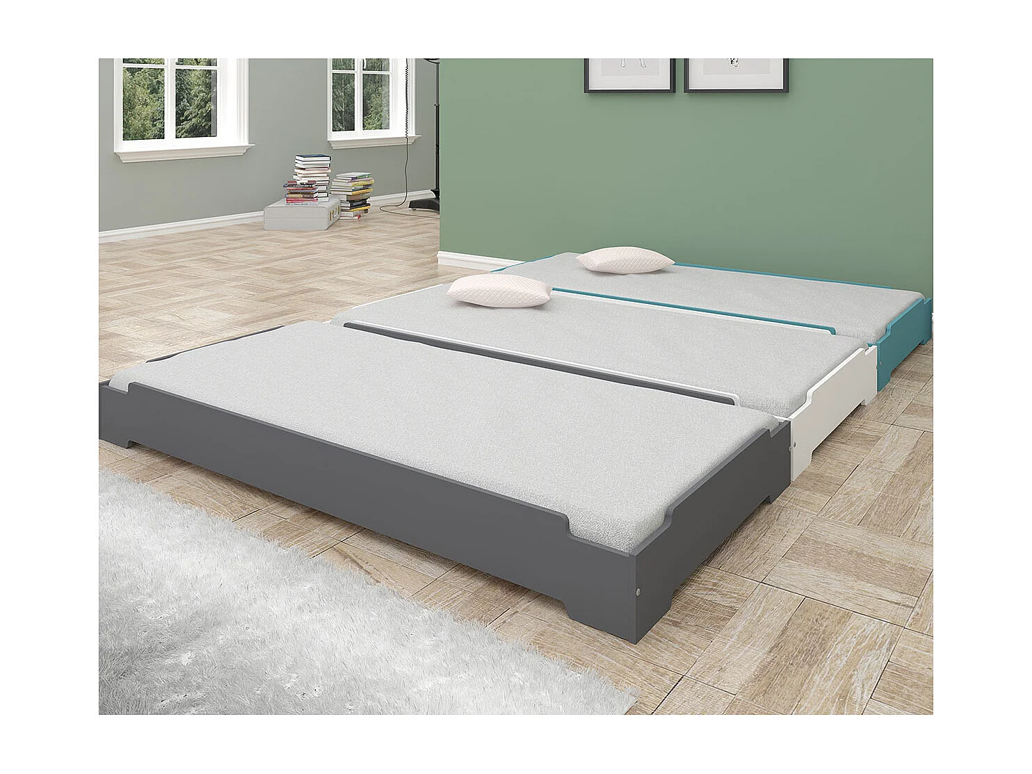 Pack lit empilable avec matelas 90x190 cm bois massif gris STACK