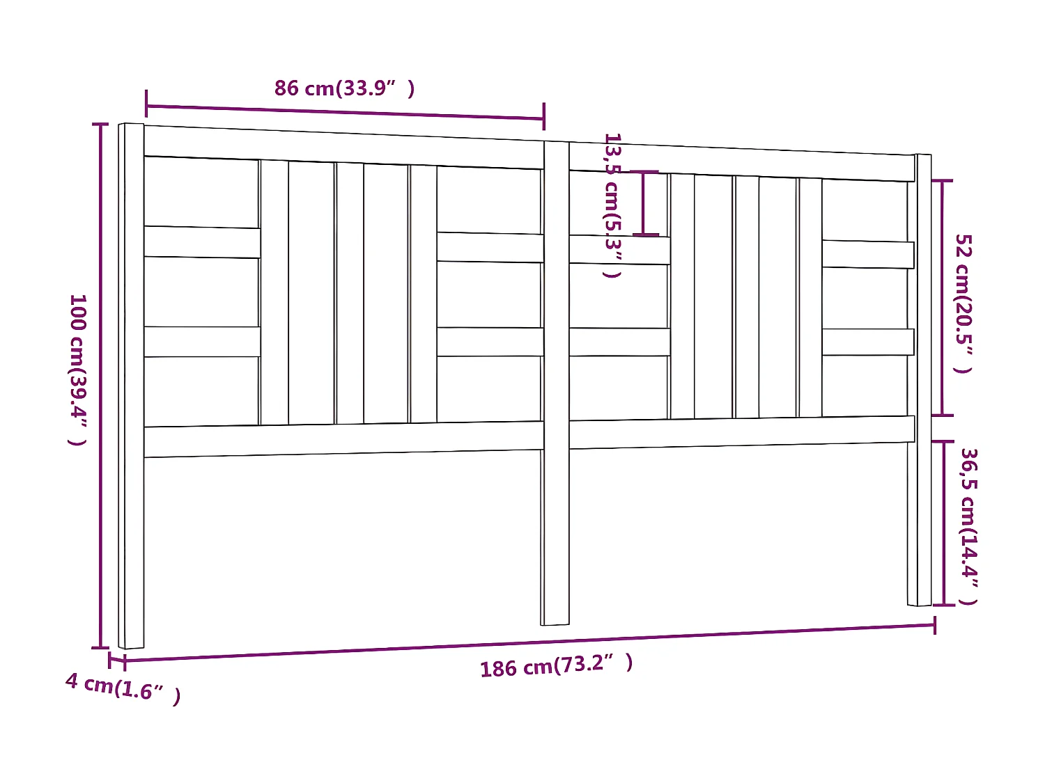 Testiera per Letto Nera 186x4x100 cm in Legno Massello di Pino
