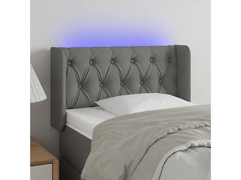 Cabeceira cama c/ luzes LED tecido 83x16x78/88cm cinza-escuro