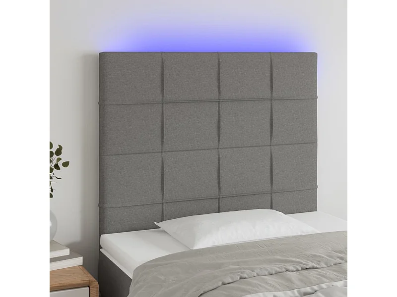 Cabeceira de cama c/ LED tecido 80x5x118/128 cm cinza-escuro