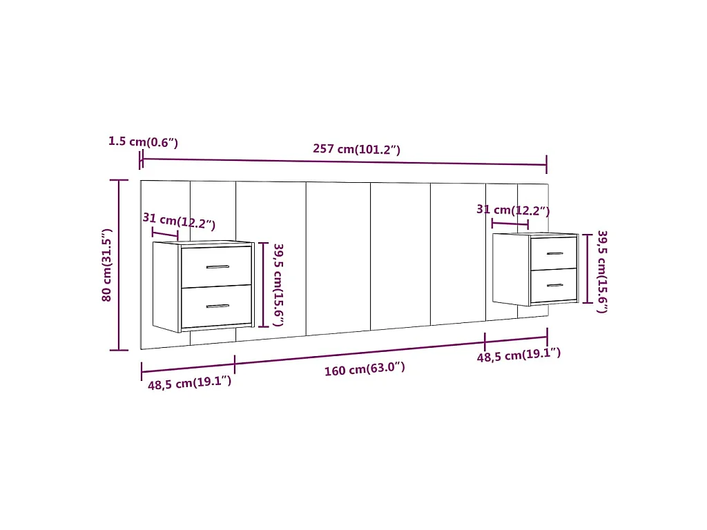 Hoofdbord met kastjes bewerkt hout gerookt eikenkleurig