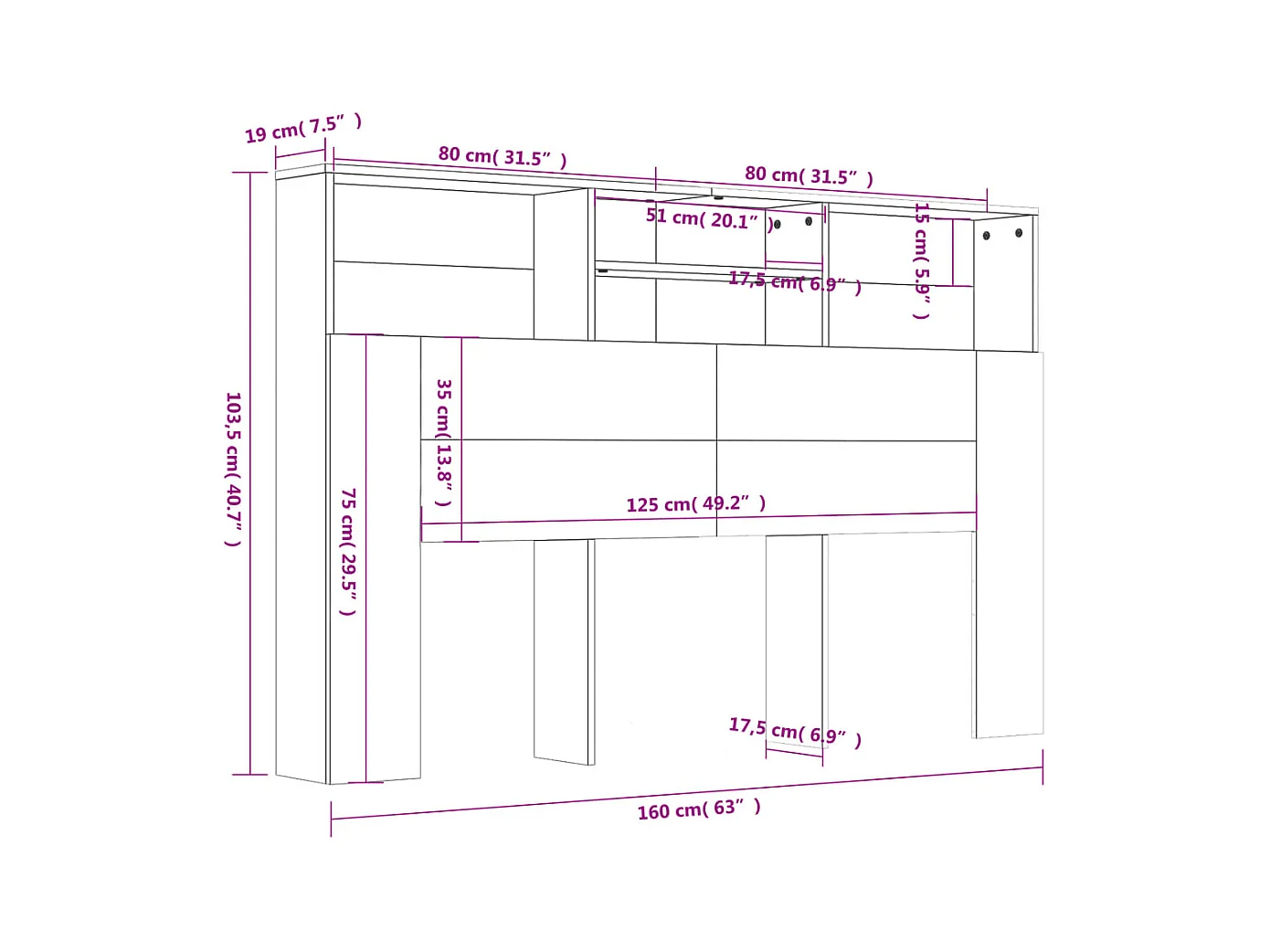 Mueble cabecero color gris Sonoma 160x19x103,5 cm