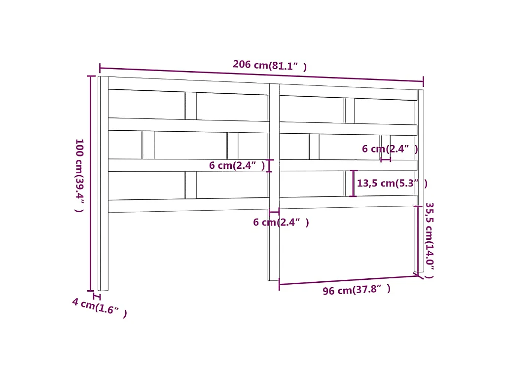 Hoofdbord 206x4x100 cm massief grenenhout grijs