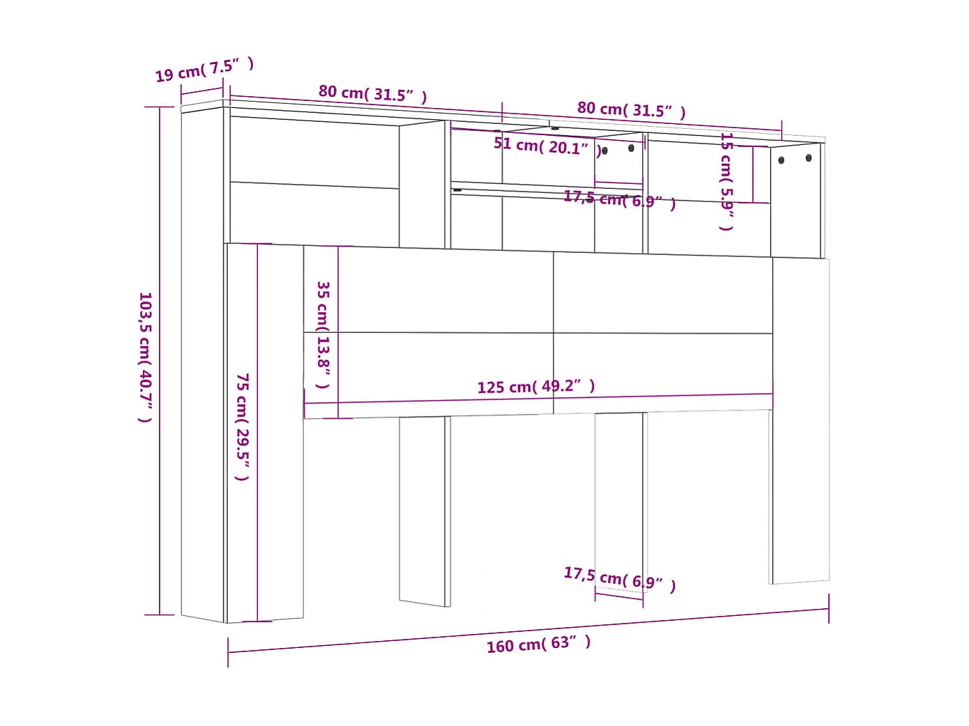 Hoofdbordkast 160x19x103,5 cm hoogglans wit