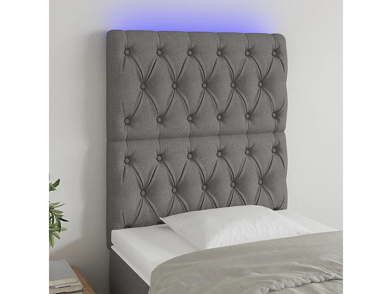 Cabeceira de cama c/ LED tecido 80x7x118/128 cm cinza-escuro