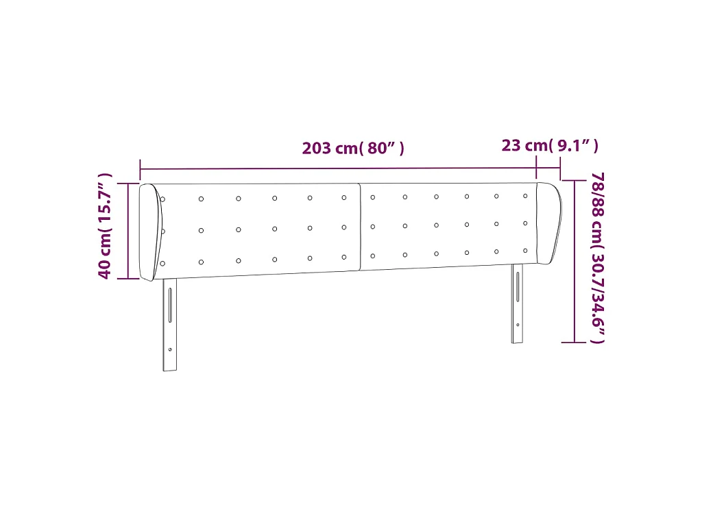 Hoofdbord met randen 203x23x78/88 cm fluweel zwart