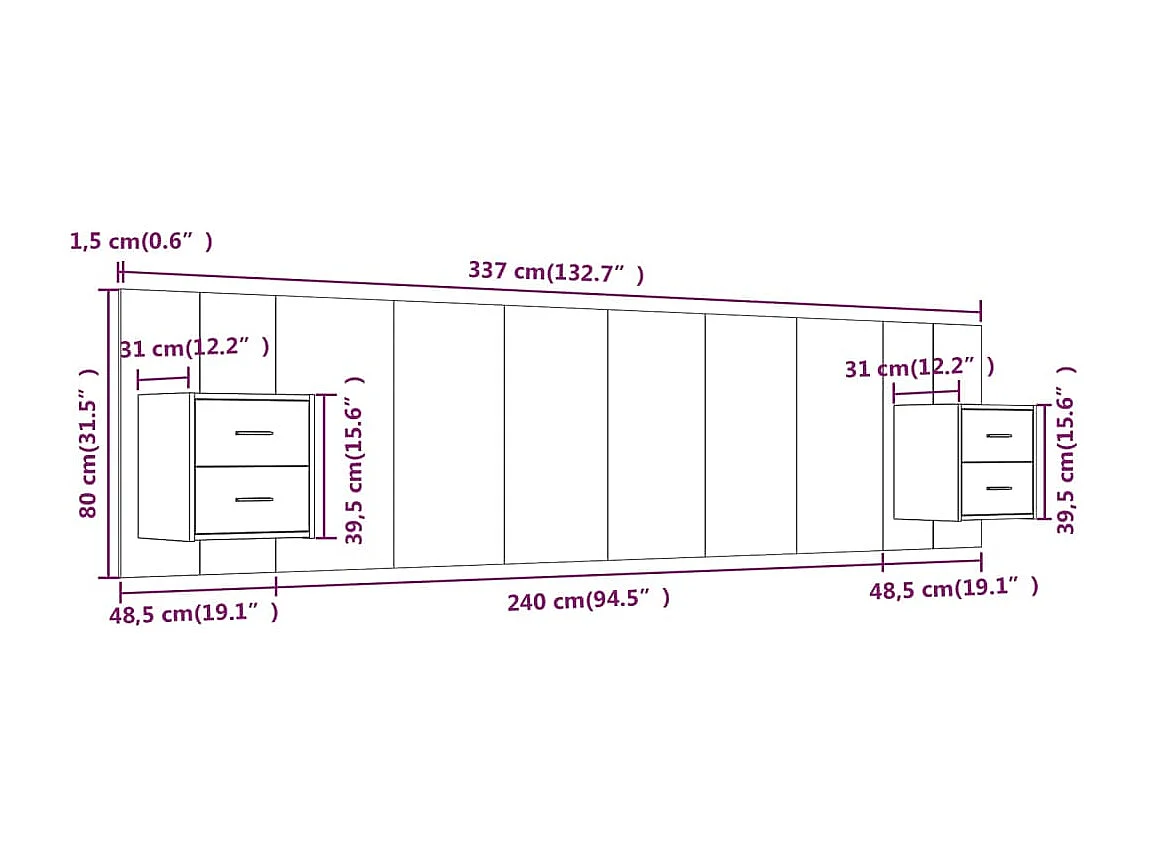 Testiera Letto con Comodini in Legno Multistrato Rovere Fumo