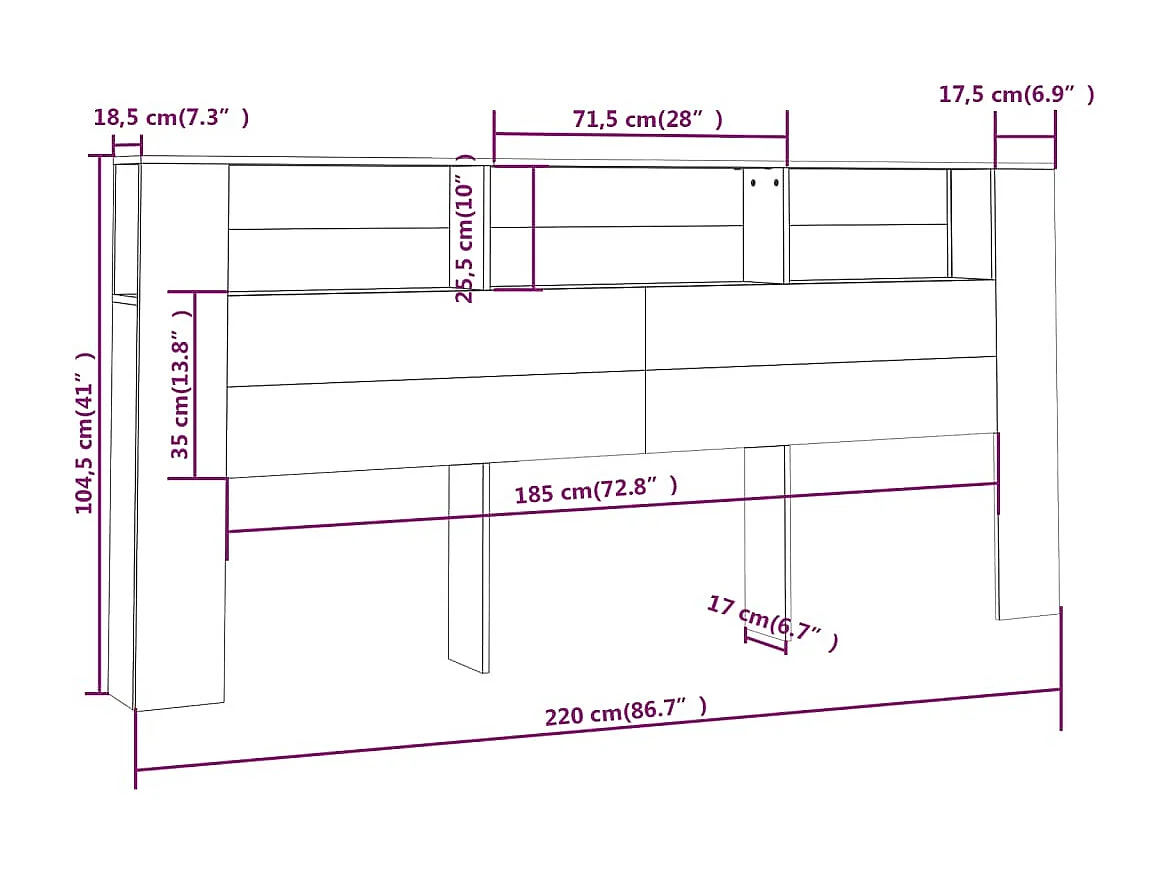 Kopfteil mit Ablagen Grau Sonoma 220x18,5x104,5 cm