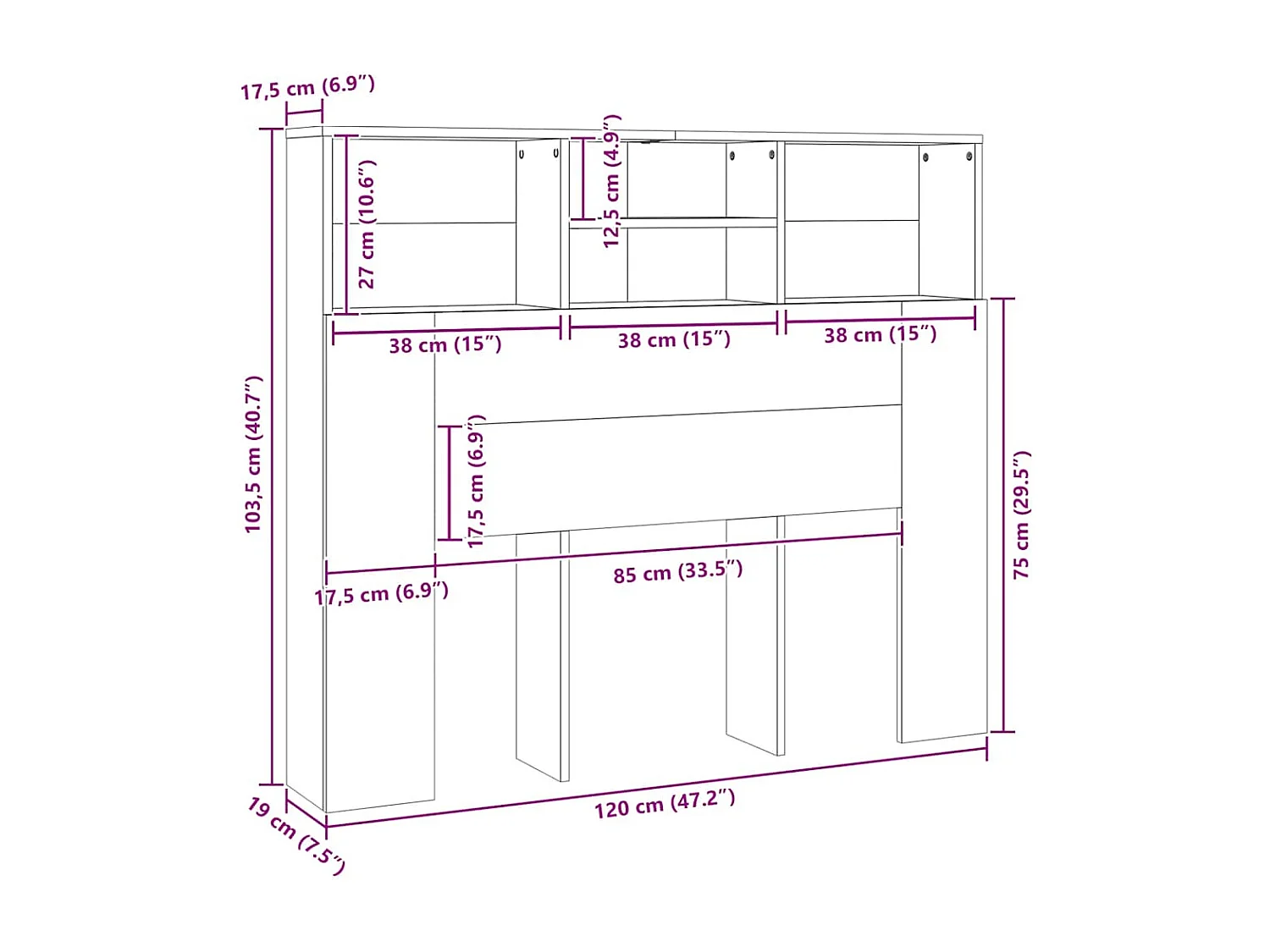 Kopfteil mit Ablagen Grau Sonoma 120x19x103,5 cm