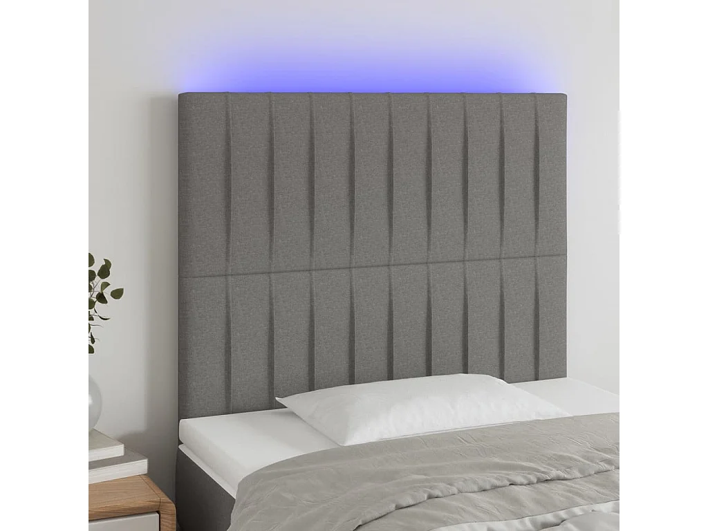 Cabeceira de cama c/ LED tecido 100x5x118/128 cm cinza-escuro