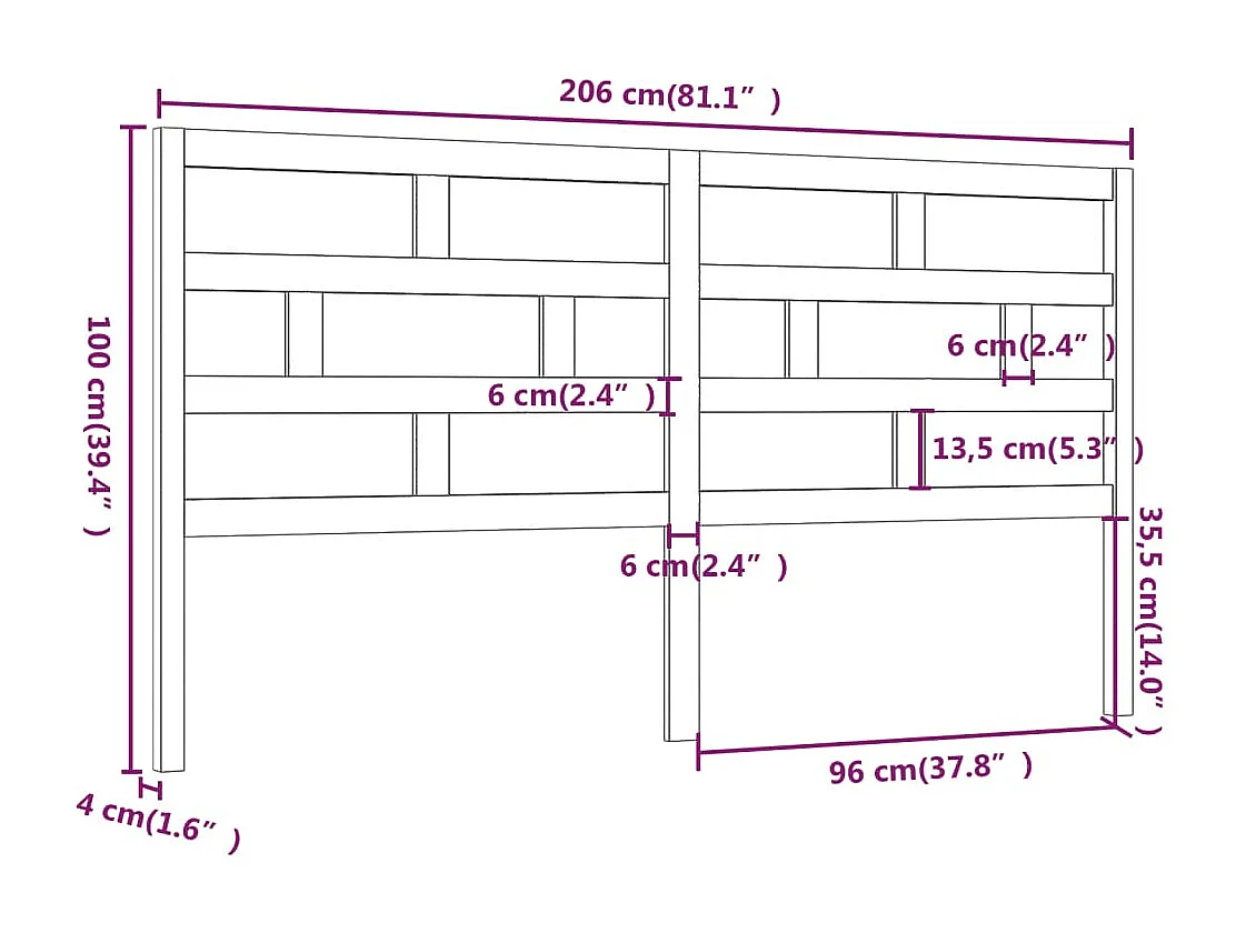 Hoofdbord 206x4x100 cm massief grenenhout wit