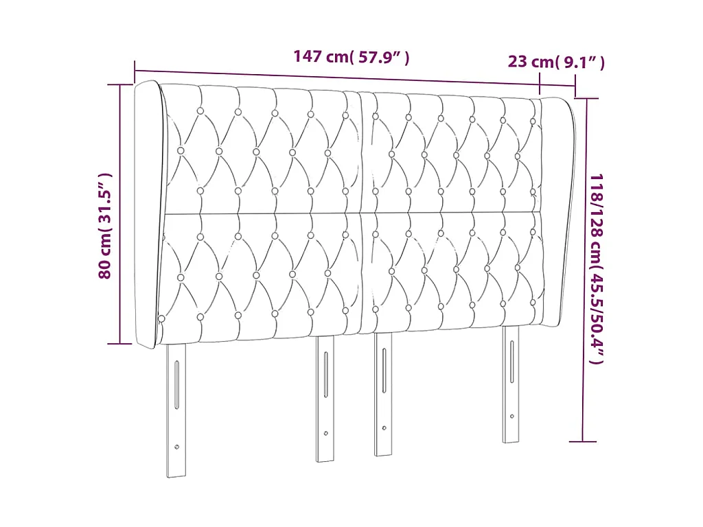 Hoofdbord met randen 147x23x118/128 cm fluweel zwart