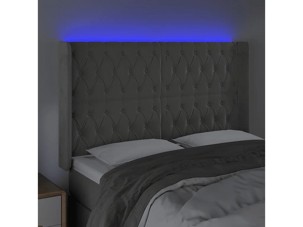 LED Kopfteil Hellgrau 163x16x118/128 cm Samt